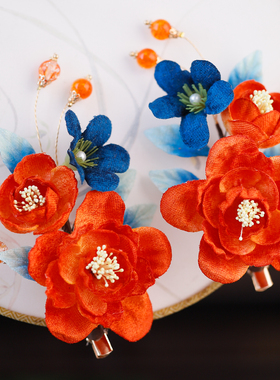唐风百搭发夹古风橙色手工仿绒花撞色花朵对夹日常中式汉服配饰女