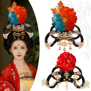 绢纱牡丹花朵流苏发钗发冠全套组合古装唐风贵妃皇后头饰发髻假发