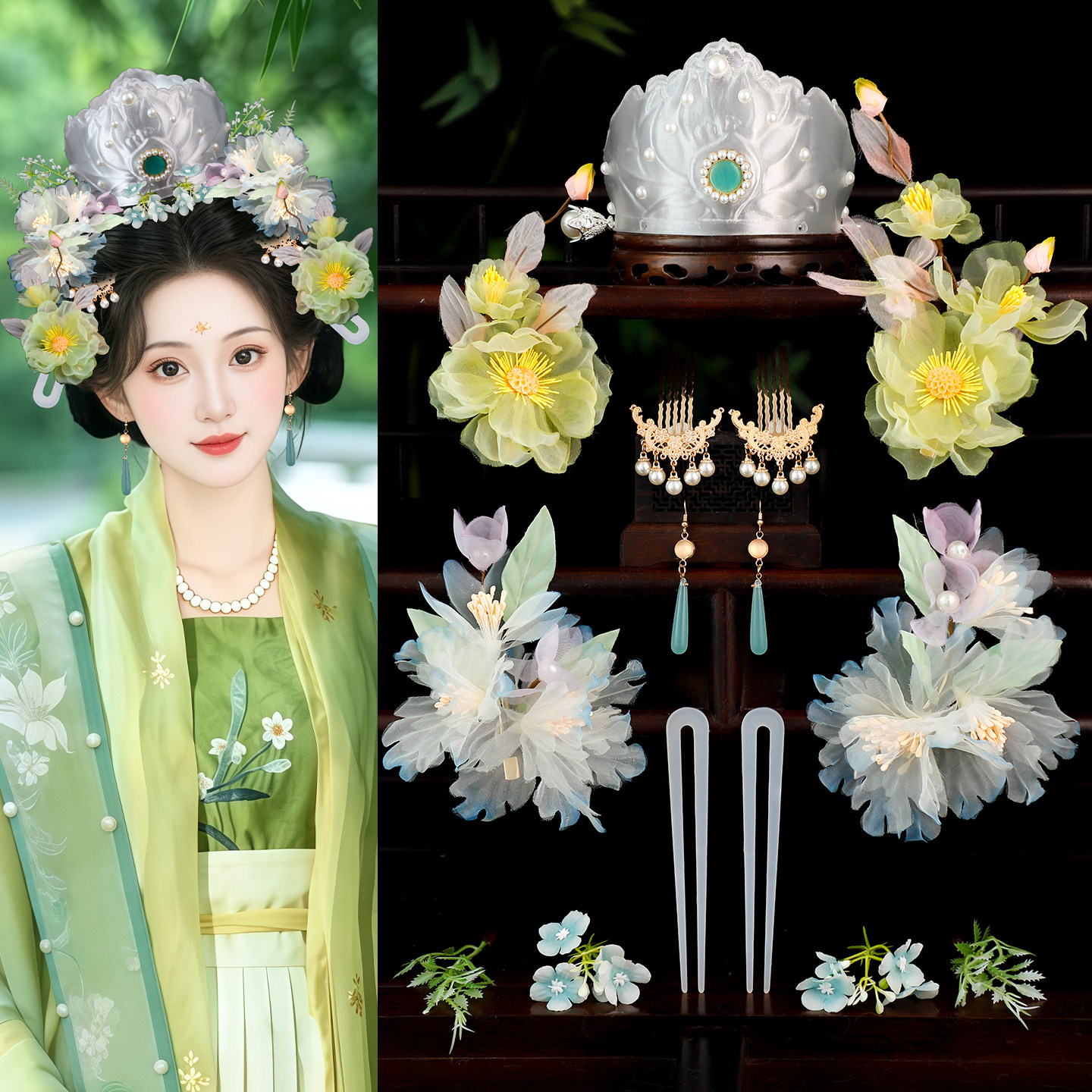 宋制汉服古风莲花发冠发簪套装图片