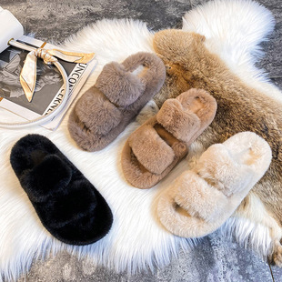 新款 外穿女春秋季 加绒厚底平底一字仙女毛毛拖鞋 葡萄妈同款