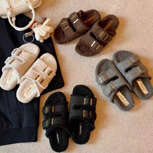 女 懒人双扣带外穿厚底毛毛勃肯拖鞋 葡萄妈同款 软乎乎