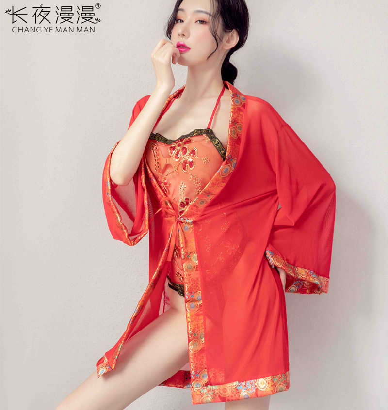 长夜漫漫唐装外套配肚兜 古典美女红色透视肚兜 性感刺绣古装