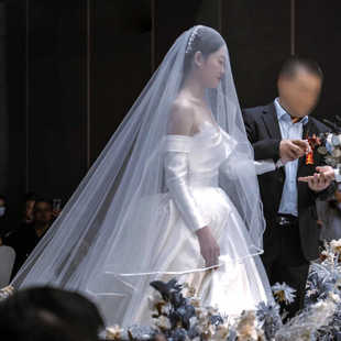 新款 头纱白 新娘结婚礼主婚纱齐地纱绸面边双层超仙森系拖尾超长款