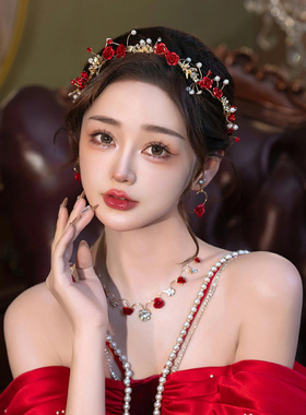 敬酒服头饰新款结婚新娘发饰简单大气红色发箍婚纱礼服晨袍配饰品