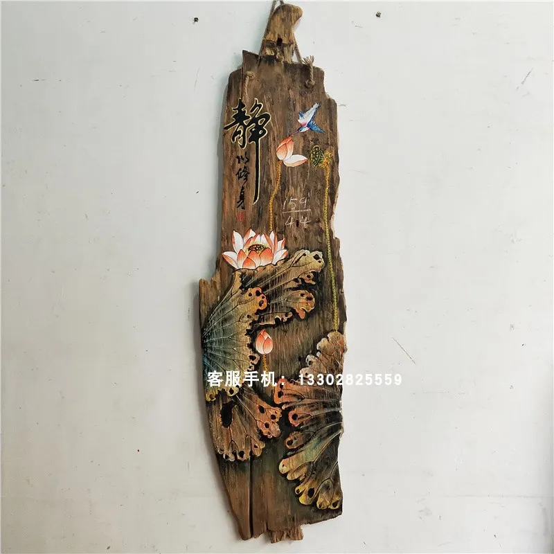 风化木板画手绘荷花鱼客厅茶室挂画会所茶庄别墅禅意装饰画 挂件图片
