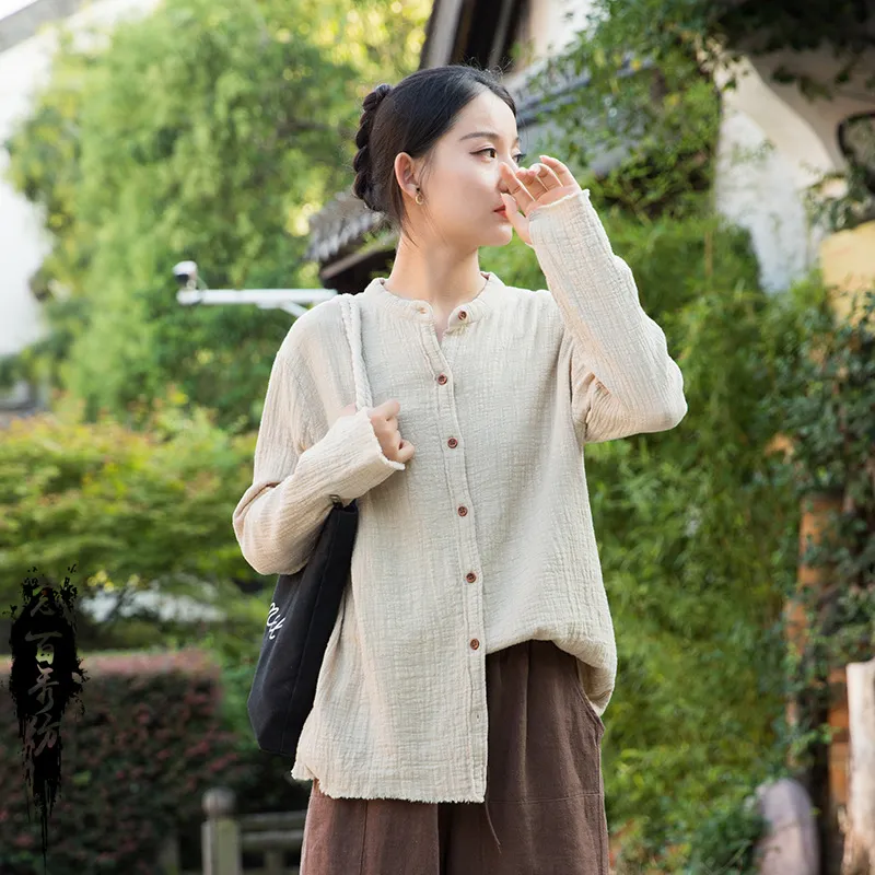 2025春夏新品棉麻女装双层竹节砂洗柔软百搭有型文艺女式衬衫衬衣