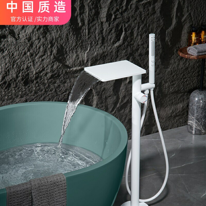霖代卫浴白色落地式浴缸龙头浴盆花洒缸边立式大流量瀑布水龙头