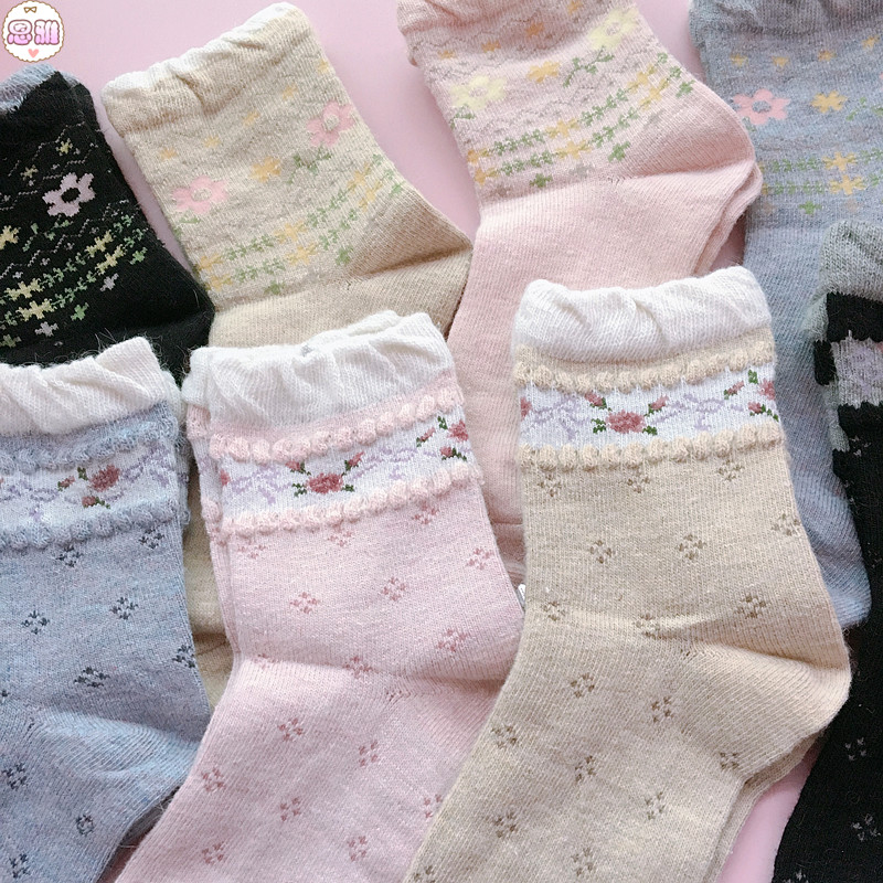 出口日本订单 日系花朵女袜子秋冬羊毛袜混纺加厚保暖中筒棉袜