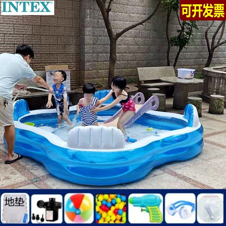 正品intex大号充气方形宝宝草坪游泳池环保冲气加厚打水仗戏水池
