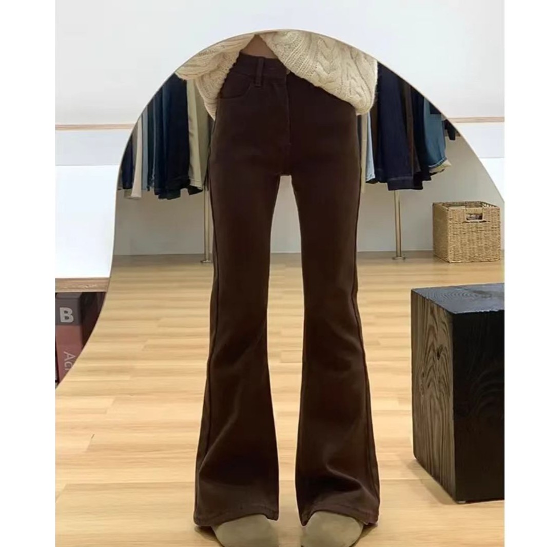 向大花加绒微喇高腰大码牛仔裤女胖mm复古百搭修身显瘦喇叭裤秋冬