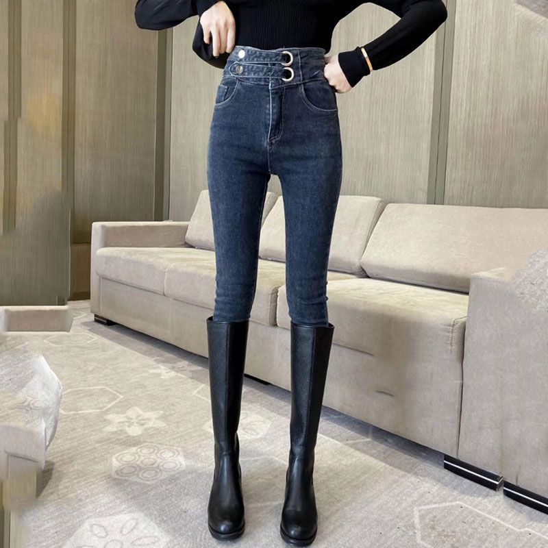 胖mm黑色牛仔裤女秋冬弹力高腰显瘦显高大码加绒紧身小脚铅笔裤子