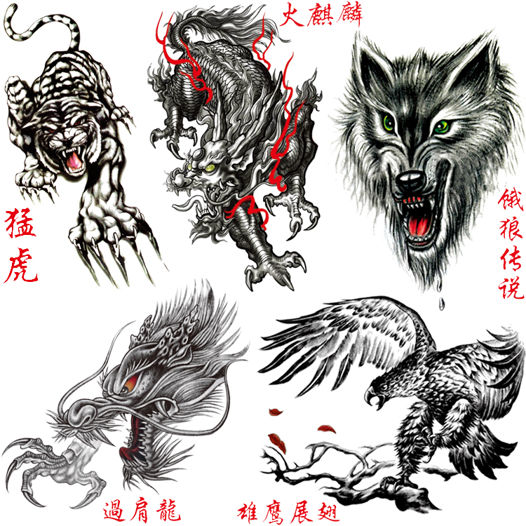 男纹身贴火麒麟老虎披肩龙过肩龙头胸部大图防水持久