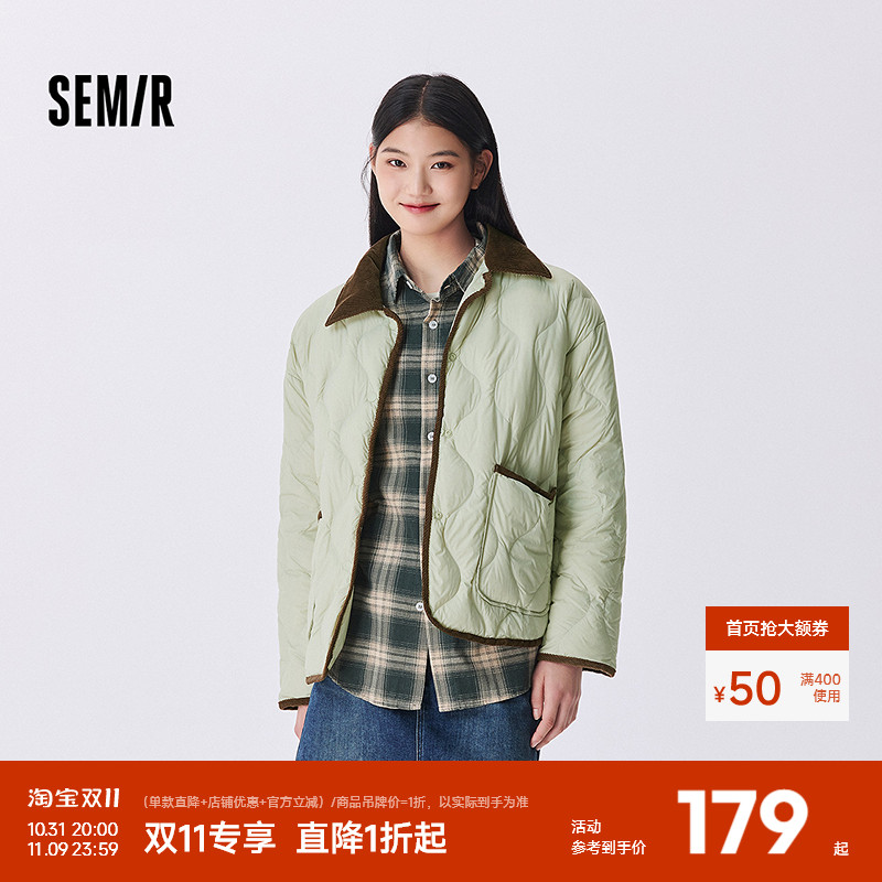 森马羽绒服女中长款轻薄拼接灯芯绒翻领2024冬季新款三防外套复古