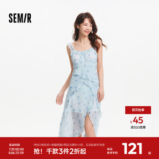 新款 森馬連衣裙女設(shè)計(jì)感荷葉邊2025夏季 吊帶暈染碎花雪紡裙度假風(fēng)
