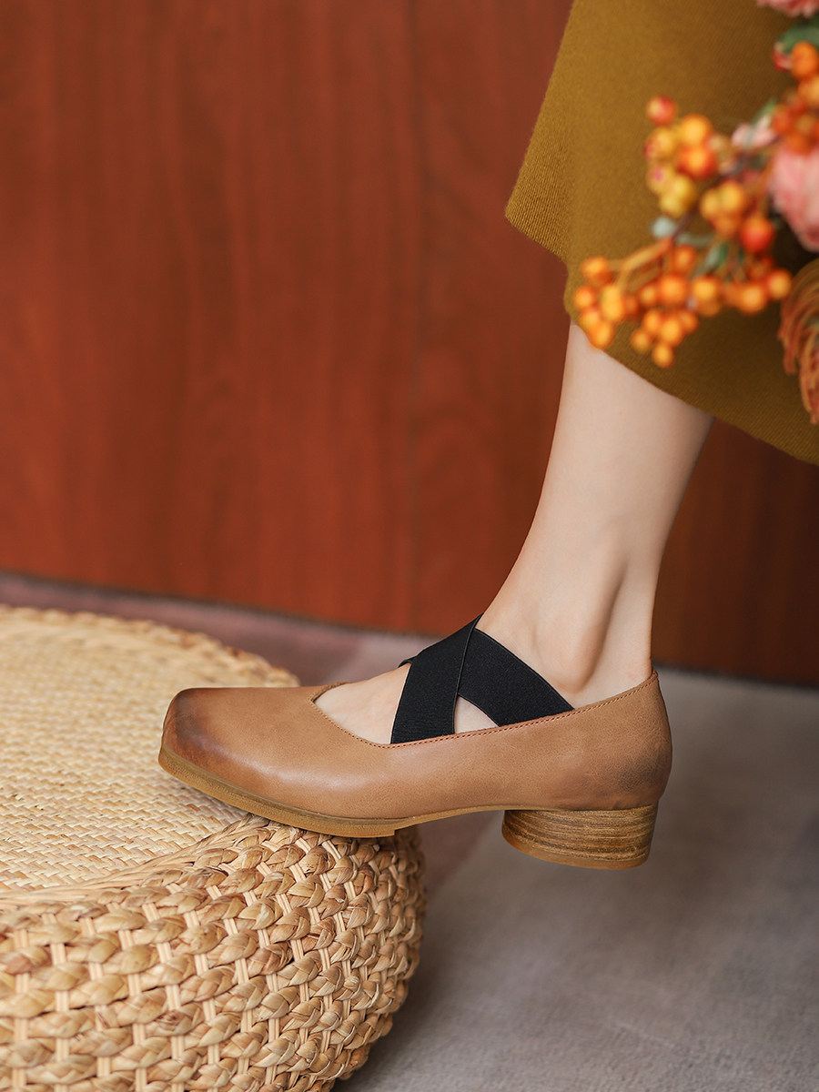 XU XIANSEN HANDMADE PIG NOSE BALLET SHOES WOMENS 2024 VINTAGE STRAPPY SQUARE TOE LEATHER BLOCK HEEL FLAT HEEL SHOES