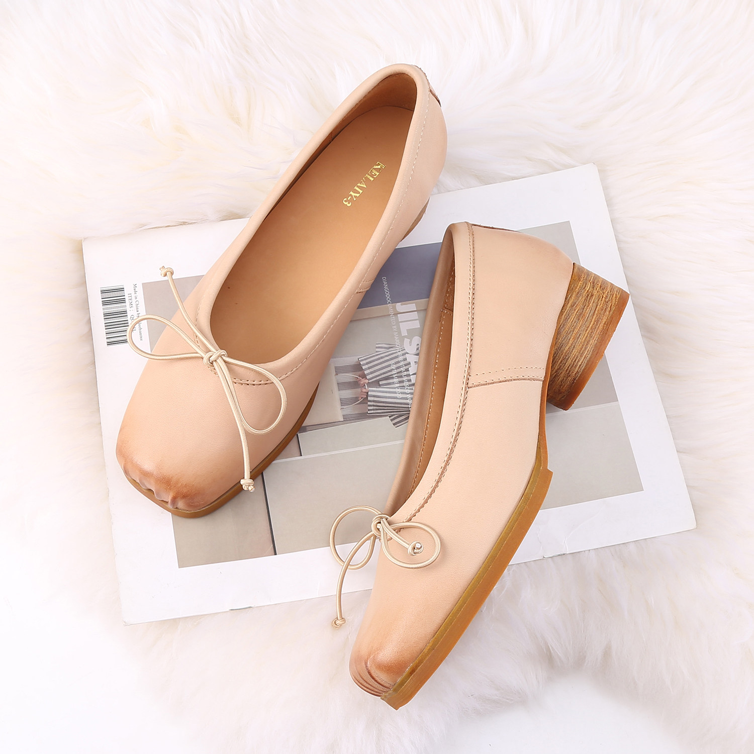 XU XIANSEN HOMEMADE 3CM HANDMADE PIG NOSE BALLET SHOES WOMENS RETRO LACE-UP SQUARE TOE LEATHER THICK HEEL SHOES