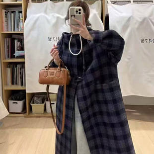 2025秋冬新款连帽双面羊毛大衣女长款韩版时尚宽松格子羊毛呢外套