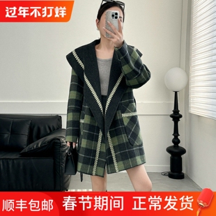 格子大翻领双面羊毛大衣女中长款2025新款韩版系带两面穿毛呢外套