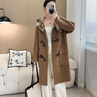 高端双面羊毛大衣女中长款2025秋冬新款牛角扣连帽学院风毛呢外套
