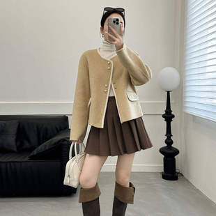 韩系双面羊绒大衣女短款2025新款圆领小香风羊毛呢外套时尚百搭