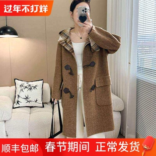 高端双面羊毛大衣女中长款2025秋冬新款牛角扣连帽学院风毛呢外套
