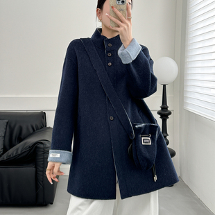 立领双面羊毛大衣女中长款秋冬新款撞色休闲时尚羊毛双面呢外套