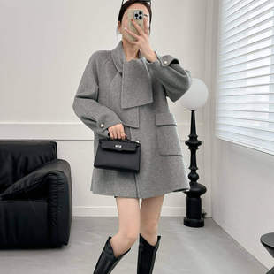 韩版双面羊毛大衣女中长款2025新款灰色单排扣斗篷围巾领毛呢外套