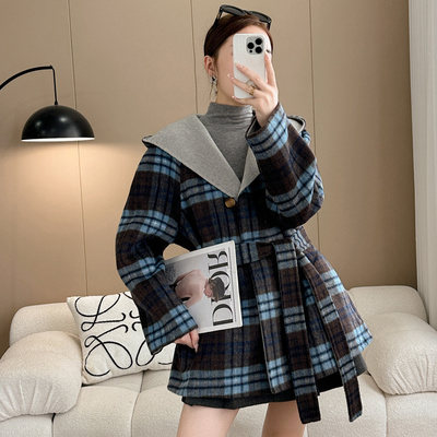 中长款双面羊绒大衣连帽系带