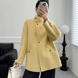 高端黄色双面羊绒大衣女中长款2025新款立领单排扣羊毛呢外套