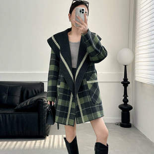 格子大翻领双面羊毛大衣女中长款2025新款韩版系带两面穿毛呢外套