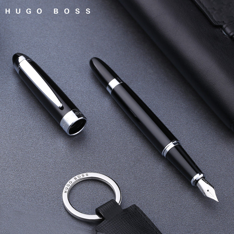 hugoboss标志系列纯黑钢笔 经典男士钢笔 商务签名免费刻字定制