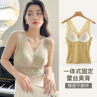 美背背心一体乳胶固定杯花卉上衣防走光内衣 蕾丝V领长款 新款 夏季