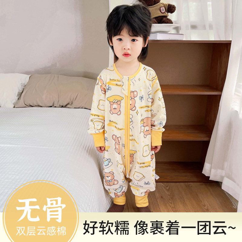 双面纯棉拉链分腿睡袋宝宝睡衣春秋儿童防踢被男童女童双层无骨家