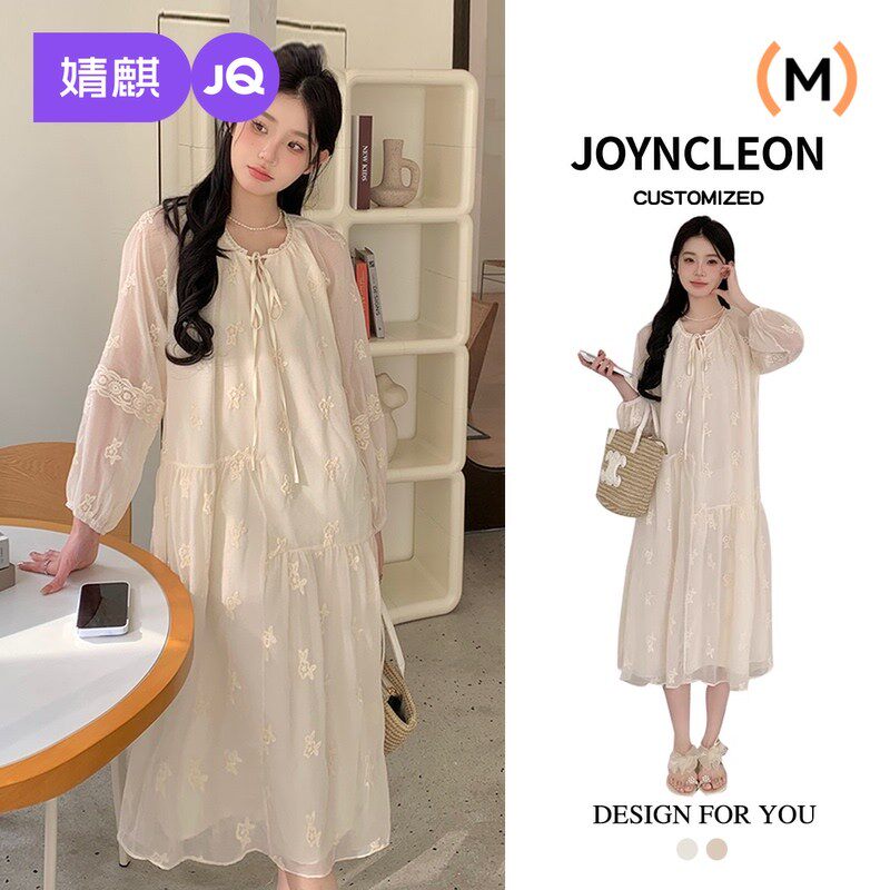 婧麒孕妇连衣裙春装2026新款韩系时尚宽松蕾丝刺绣中长款系带裙子