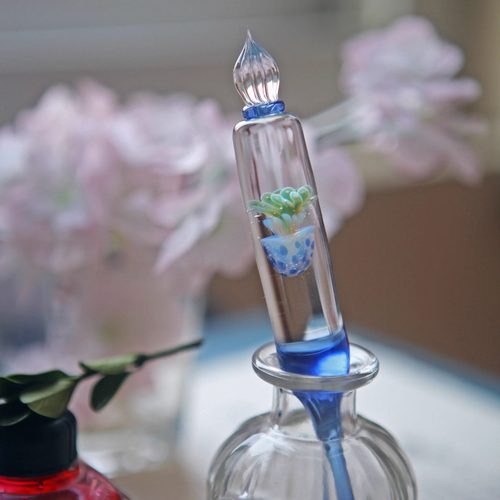 【七十二号笔家】试色蘸水笔蓝色半透明玻璃水母玻璃笔 glass pen