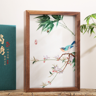蜀绣手工刺绣双面绣家居胡桃木花鸟摆件成都特色工艺品中国风礼品