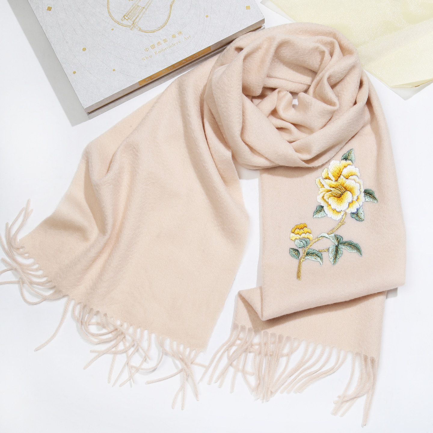 成都特色礼品蜀绣手工刺绣中国风羊绒围巾送妈妈送领导送老外礼品