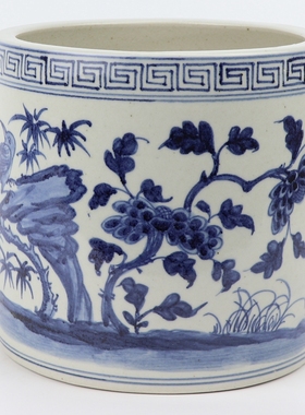 景德镇陶瓷手绘松竹梅花鸟鱼藻笔筒青大香炉仿古岁寒三友摆件仿古