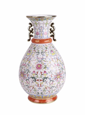 景德镇粉彩珐琅彩缠枝莲双耳福桶玉壶春装饰中式摆设插花器工艺品