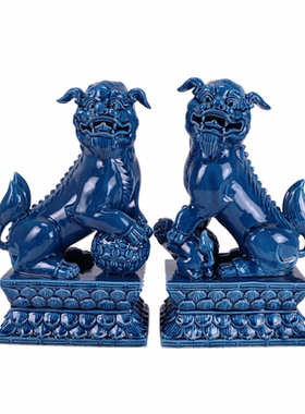景德镇陶瓷中式深蓝色绿色狮子狗动物雕塑一对装饰桌面摆放创意