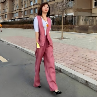 2024夏季 超仙新款 亚麻套装 大码 马甲上衣阔腿裤 套装 西装 两件套 时尚