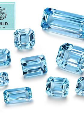 Guild证书圣玛利亚天然海蓝宝裸石长方形小八角海蓝宝石珠宝定制