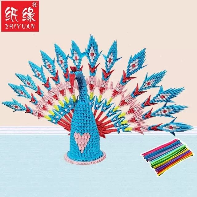 纸缘开屏孔雀手工折纸材料包半成品套装折纸三角插学生作品比赛