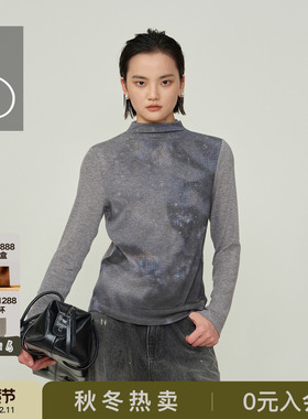 AS长袖T恤女25冬季新款高领高弹连领印花适配出行场景针织打底衫