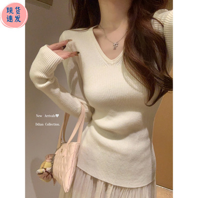 别致修身v领打底衫女早秋2025年纯欲内搭高级感毛衣长袖针织上衣