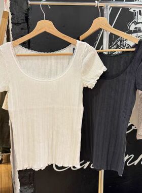 brandy baby新款纯棉白色木耳边镂空短袖蕾丝花边T恤女bm打底上衣