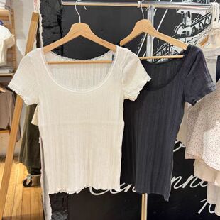 brandy baby新款纯棉白色木耳边镂空短袖蕾丝花边T恤女bm打底上衣