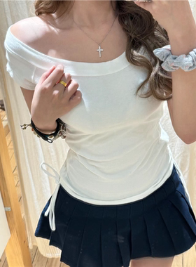 Brandy baby 一字肩上衣女纯欲风辣妹纯棉夏季修身显瘦短袖T恤