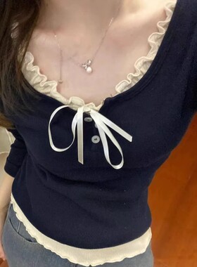 Brandy baby秋新款修身罗纹纽扣长袖T恤正肩短款圆领上衣打底衫女