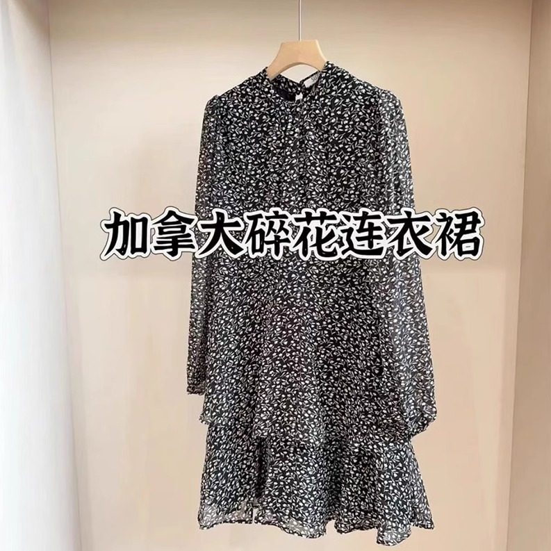 加拿大单 清新飘逸田园风黑底碎花双层荷叶边雪纺长袖连衣裙女
